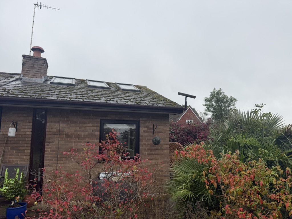 Starlink installation in Wichenford – exterior view Starlink dish fitted at the roof edge of the Wichenford home